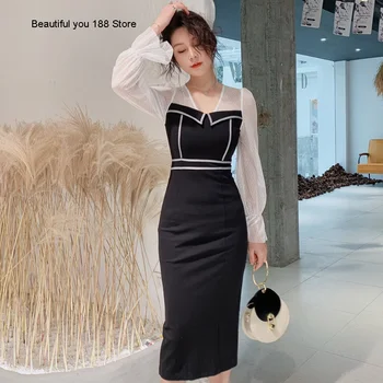 

new 2020 Korean-style Autumn over-the-knee Medium-length dress sexy polka dot mesh stitching bra dress