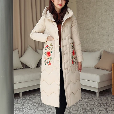 Большие размеры, длинное пуховое пальто с вышивкой, Женская однотонная парка с капюшоном, пальто, женская зимняя утепленная теплая китайская Стильная верхняя одежда - Цвет: Beige