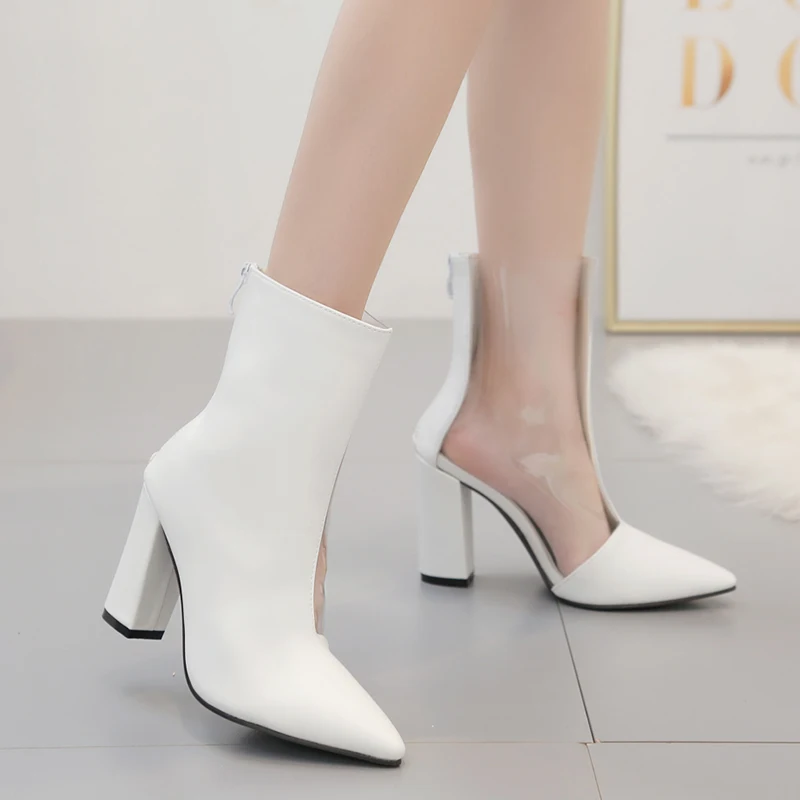 

Mixed Color Women Fashion Pointed Toe Block High Heels Back Zipper Ladies Autumn Winter Boots Transparent Ankle Chelsea Boots
