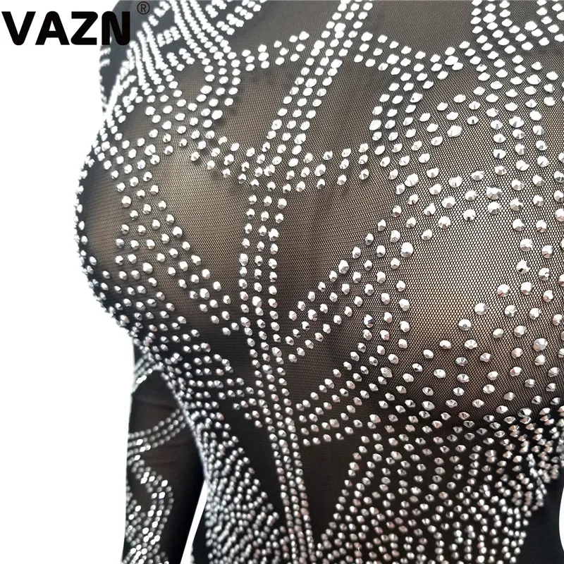 VAZN XYZ3305 новая тяжелая промышленность бриллианты Сексуальная Клубная Мода просвечивается полный рукав Талия коллекция женские обтягивающие мини-комбинезоны
