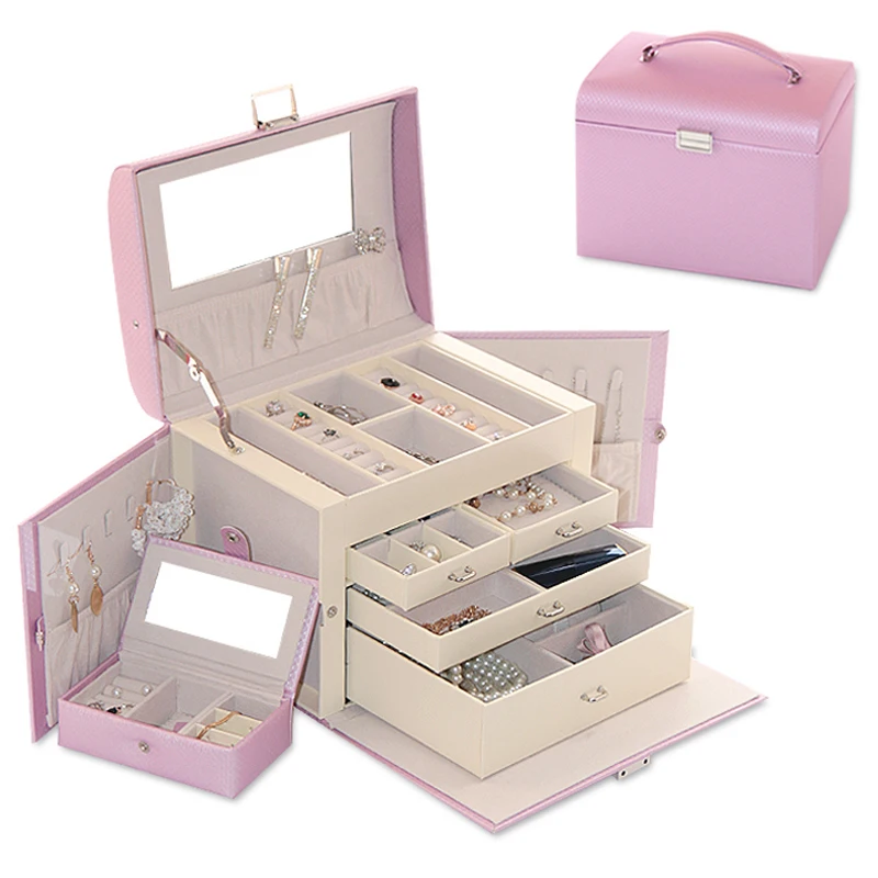 Бесплатная доставка Роскошная большая 5 слойная кожаная шкатулка для ювелирных