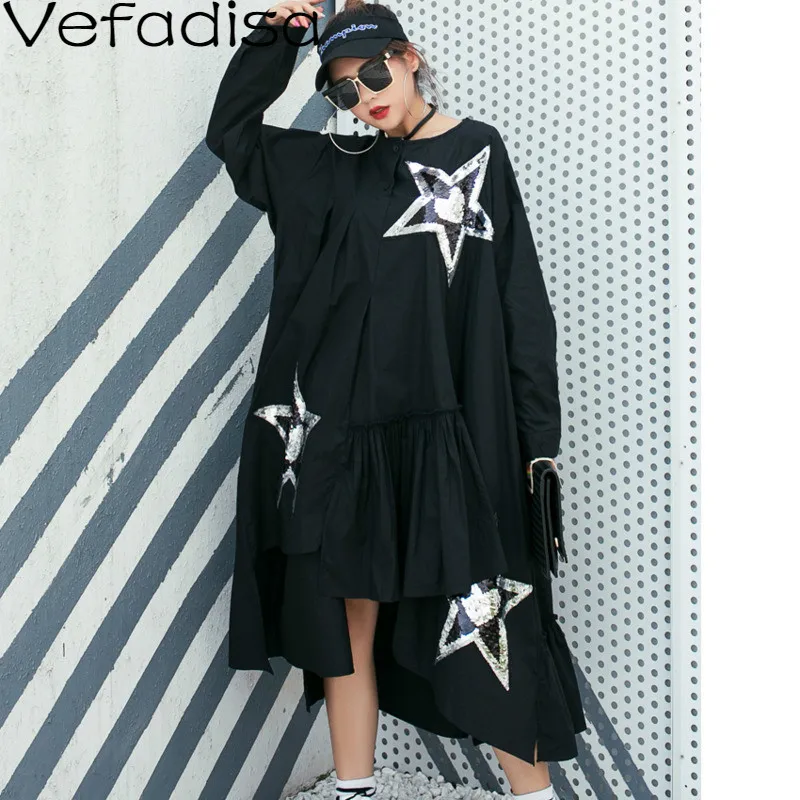 

Vefadisa Fall Woman Cotton Star Sequined Decoration Dress O-Neck Full Sleeve Irregular Dress Loose Knee-Length Dress 2019 QYF280