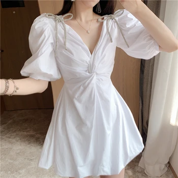 

White Mini Dress Women Cotton Sexy Bow Half Puff Sleeve V-neck Back Zipper Summer Dresses