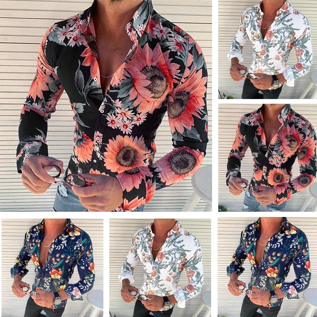 Men's Causal Long Sleeve Flower Printed Shirt Fit Slim Blouse Top Herfst mannen Lange Mouwen Bloem Gedrukt Shirt Fit Slanke