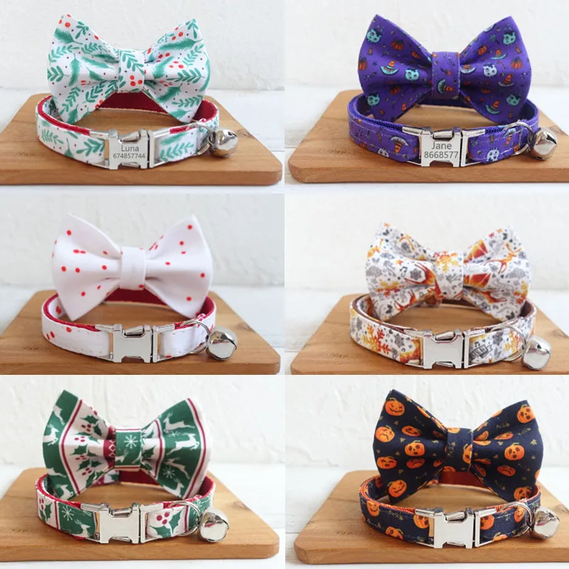 

Personalized Cat Collar with Bell Bowtie Kitten Necklace Customized Engraving Nameplate Puppy Small Dogs Collar for Cat Kitty