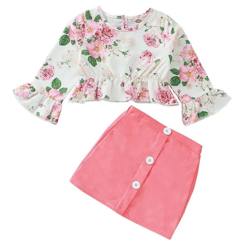 

Lovely Newborn Kid Baby Girl Clothes Sets 1-5Y Long Sleeve Floral T Shirt Top & Mini Skirts Outfit 2PCS