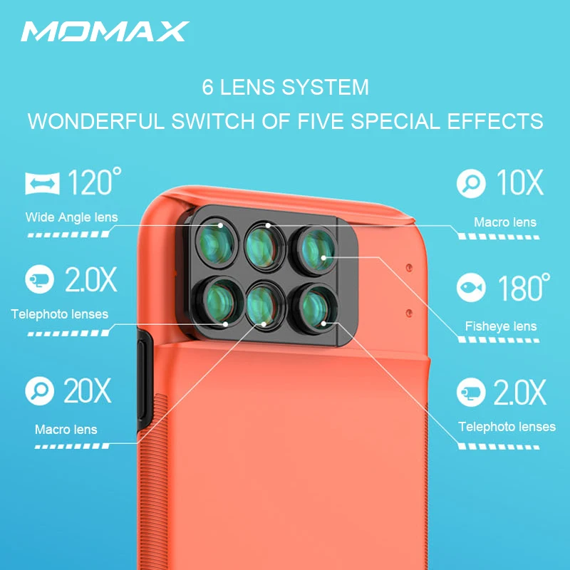 

MOMAX iosPhone XS XS MAX joy camera case (3 times 1) Cell phone SLR New lens upgrade 6 lens system Five kinds of special effects