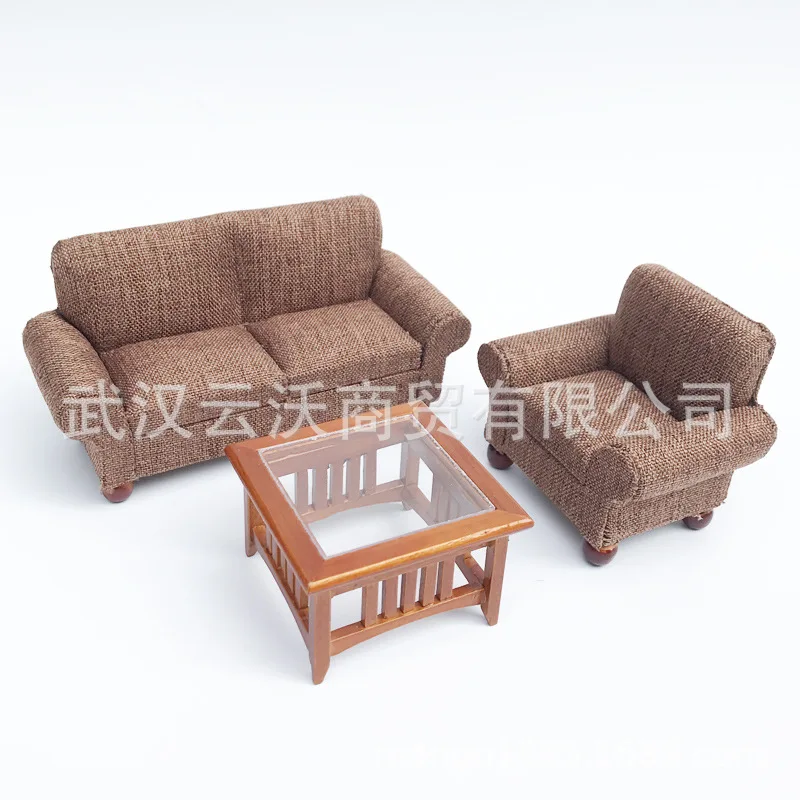  1: 12 Dollhouse Mini Boutique Furniture Model Fabric Living Room Sofa Band Teapoy Table 3 Pieces
