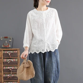 

KYQIAO lace tops women plus size shirt female autumn spring Japanese style sweet loose three quarter sleeve embroidery blouse