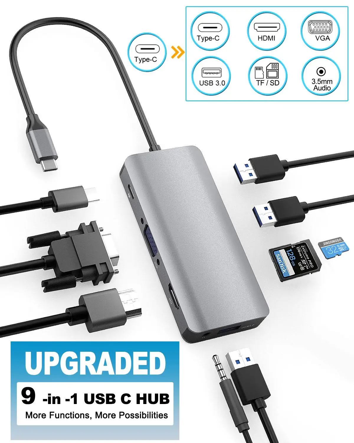 

9 in 1 USB Multiport Adapter with 4k HDMI/VGA 3 USB 3.0 Ports TF/SD Card Reader, Multifunctional Aluminum Portable Data HUB