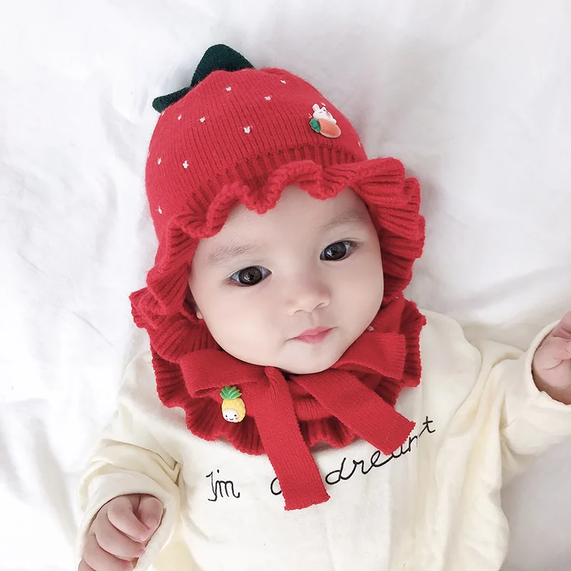 Strawberry Knitted Hat for Girls Winter Baby Woollen Fashion Fur Ball Warm Children | Аксессуары для одежды