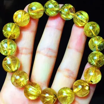

12.6mm Genuine Natural Gold Rutilated Titanium Quartz Bracelet Woman Man Wealthy Stone Clear Round Beads Crystal Charms AAAAAA