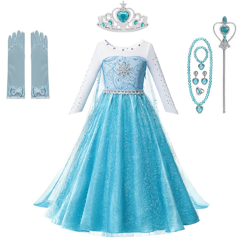 Elsa Dress Sets D Детское платье принцессы Эльзы для девочек; Длина до пола; элегантные платья с блестками; Детский Рождественский подарок; блестящие вечерние костюмы синего цвета для костюмированной вечеринки - Цвет: Elsa Dress Sets D