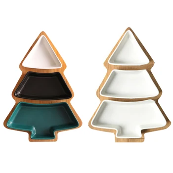 

4Pcs/Set Christmas Tree Wooden Pallet Dinnerware Salad Cake Fruit Dessert Candy Ceramic Dishes