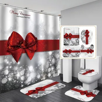 

Santa Bow Print bathroom four-piece Set Toilet Bathroom Mat And Shower Curtain non-slip absorbent bathroom mat