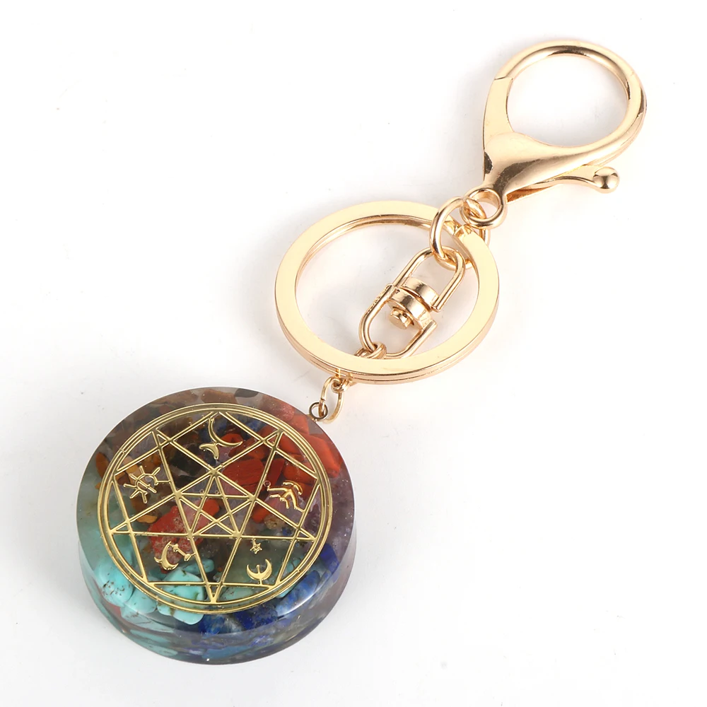

Reiki 7 Chakra Energy Orgonite Pendant Keychain Men Women Yoga Healing Colorful Natural Chip Stone Chakra Orgone Car Key Chain