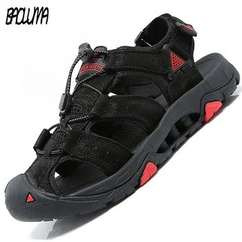 

Summer Men's Sandals Men Leather Black Rubber Men Shoes Casual Big Size Gladiator Sandals Men Casual Shoes Beach Soft Bottom