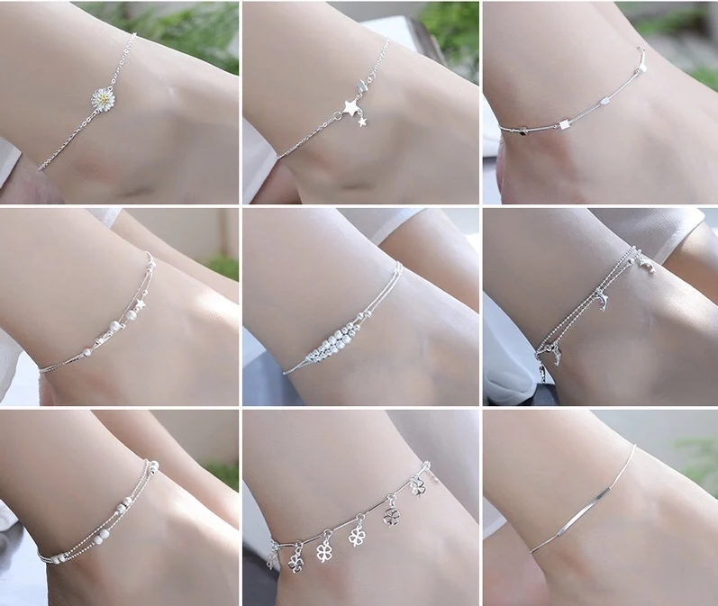 Thin 925 stamped silver plated Shiny Chains Anklet For Women Girls Friend Foot Jewelry Leg Bracelet Barefoot Tobillera de Prata
