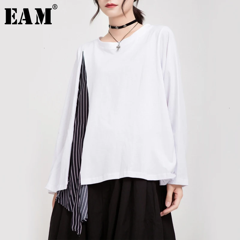 

[EAM] Women Contrast Color Striped Split Joint Big Size T-shirt New Round Neck Long Sleeve Fashion Spring Autumn 2019 1D695