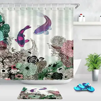 

Watercolor Flower Asian Koi Shower Curtains Chinese Style Fish Carp Pattern Fabric Bathroom Bath Curtain Waterproof with Hooks