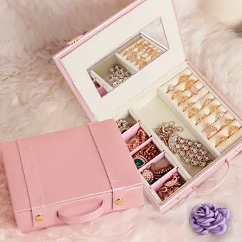 

Sweet Pink Jewelry Box Portable Leather Earring Ring Jewelry Storage Box