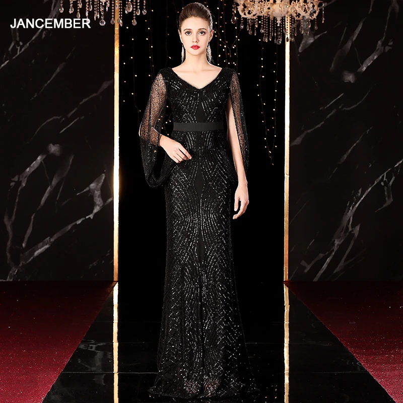 

JANCEMBER Customized Evening Dress Long V-neck Fake Sleeve Sequined Pattern Black Elegant Prom Dress Vestidos De Fiesta De Noche