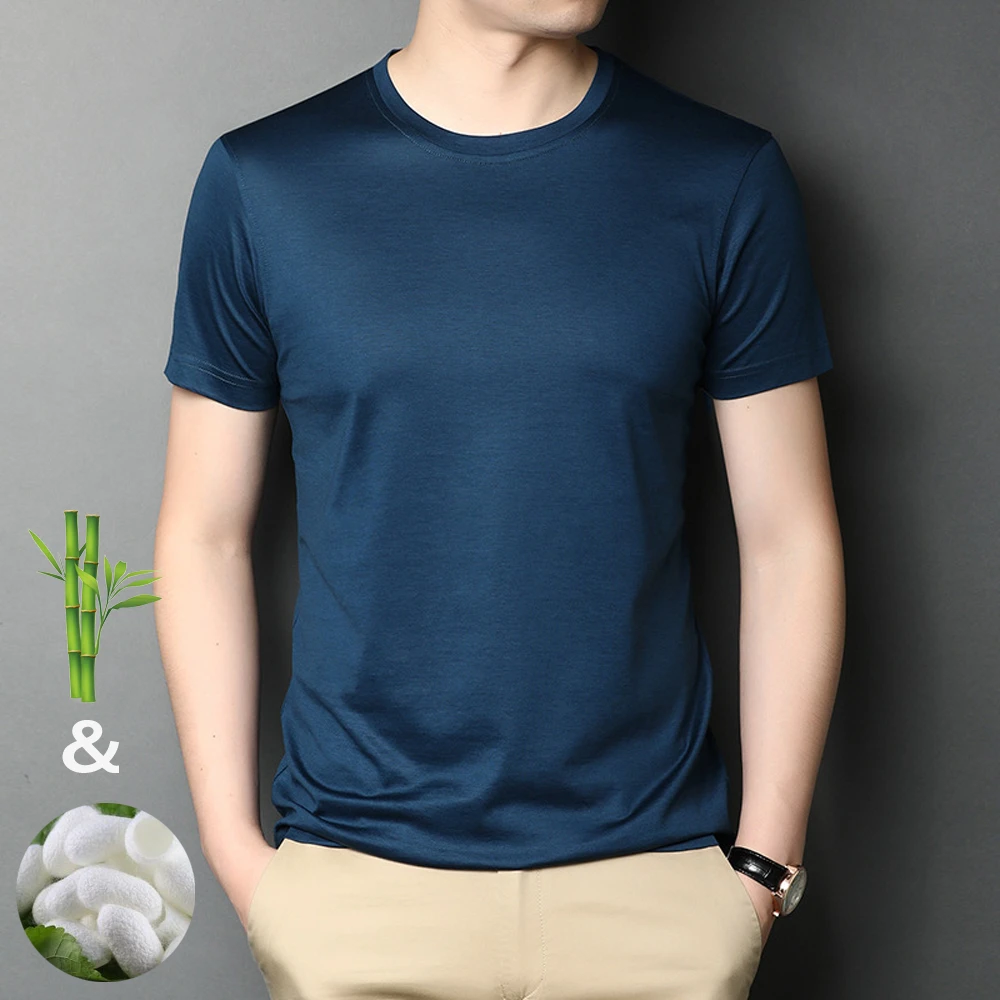 メンズ半袖tシャツ 夏のラウンドネックシャツ シルクと竹 快適 ネイビーブルーとホワイト コットンxxxl Tシャツ Aliexpress
