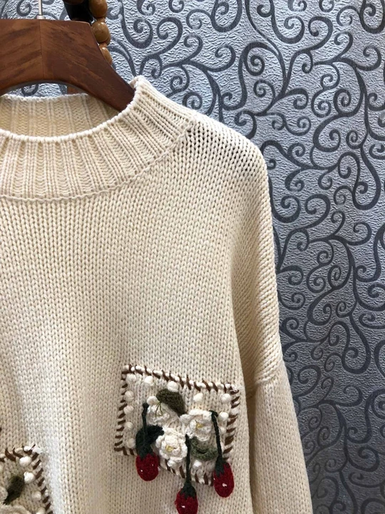 Осень и зима женский свободный свитер с длинными рукавами и вышивкой 913