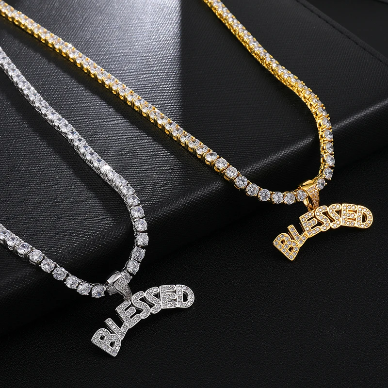 US7 Bling Iced Out буквы BLESSED кулон и ожерелье микро проложенные Rhinestoned подвески для мужчин хип хоп ювелирные изделия