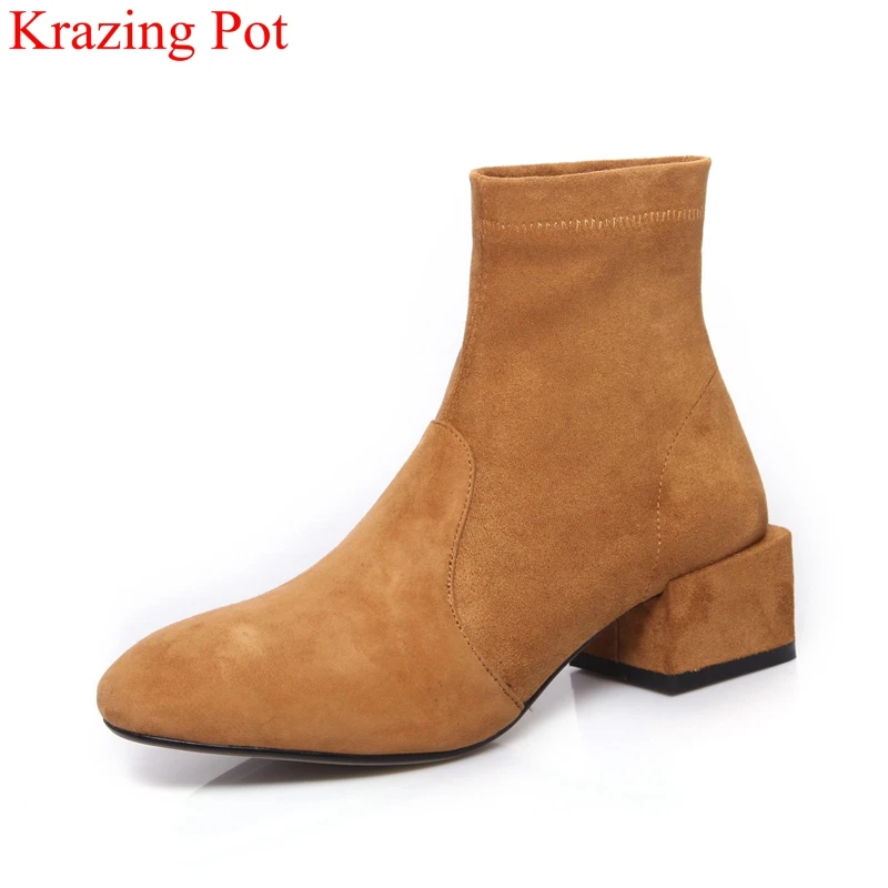 

Krazing Pot fashion comfortable big size round toe ankle boots high heels office lady concise solid strech winter shoes L2f2