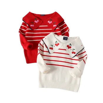 

Flanged Collar Baby Girl Cotton Sweater Toddler Kids Knitted Stripe Cardigan O-Neck Long Sleeve Infant Outfit Autumn Winter Warm