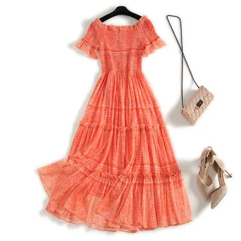 

Bohemian Style Summer Dresses for Women 2020 New Designers Short Sleeve Slash Neck Print Mesh Chiffon Beach Holiday Dress