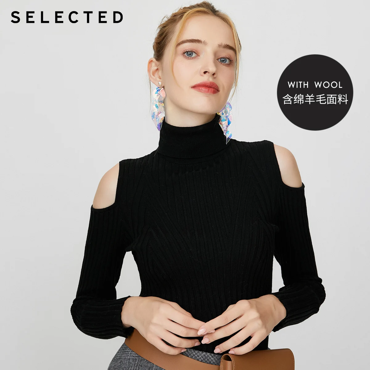 SELECTED Women Wool Turtleneck Slim-cut Shoulder High Neck Sweater S|419424524 | Женская одежда