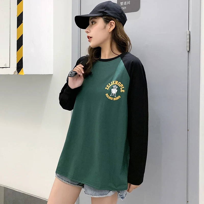 

T-shirt Korean round neck female Tshirt print fun fashion Harajuku Women Casual Loose Oversized black Long sleeve woman top