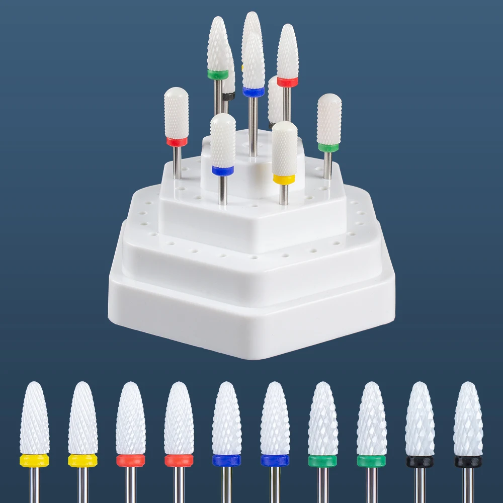 10 stücke Keramik Hartmetall Nagel Bohrer Set mit Ständer Halter Box Fräsen Cutter für Maniküre Maschine Entfernen Gel Nagel polnischen Bit – Detail 8