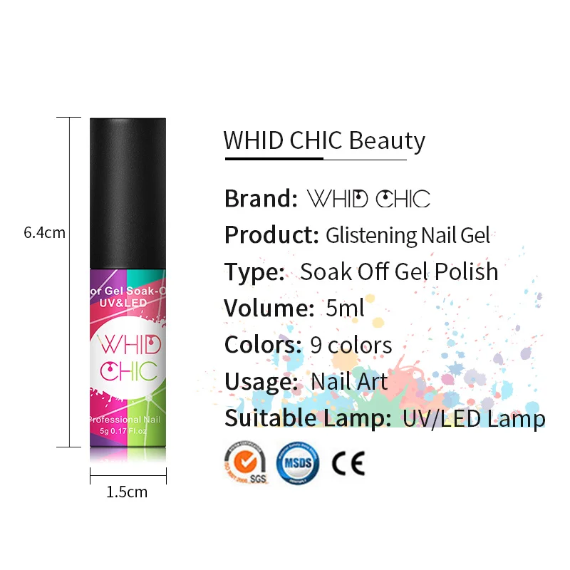 WHID CHIC 1 бутылка 5 мл Блестящий УФ-гель для ногтей розовый золотой зеленый смешанные цвета Блестящие Блестки замочить от УФ-гель лак для ногтей