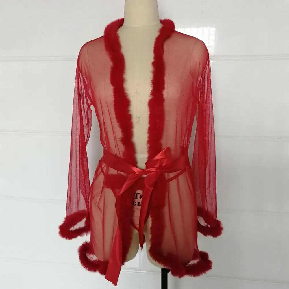 3 шт женское Сексуальное белье Babydoll длинный рукав перо халаты и набор стрингов с поясом женское нижнее белье Ночное белье Экзотические наборы - Цвет: Красный