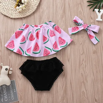 

2019 Baby Girl Shorts Set Newborn Headband Off Shoulder Watermelon Crop Top and Black Shorts 3pc Watermelon Outfits