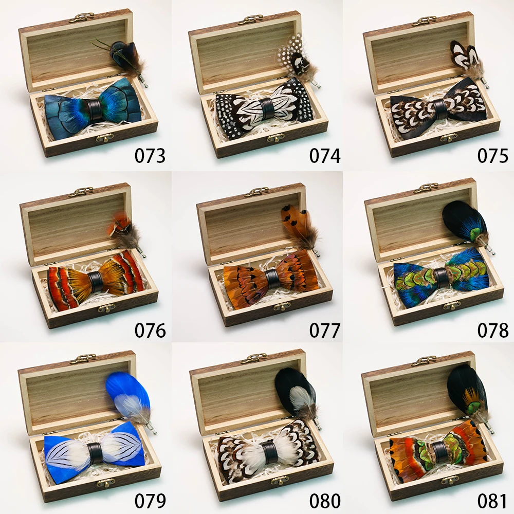 EASTEPIC Handgefertigte Feder-Fliege-Brosche, Holzkiste-Set, exquisite Accessoires für Herren, für Hochzeit, Party, Geburtstag, Geschenk, Krawatte – Detail 12