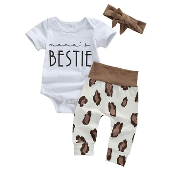 

0-18M Summer Lovely Infant Baby Girls Boys Clothes Sets 3pcs Letter Print Short Sleeve Romper Tops+Leopard Pants Headband