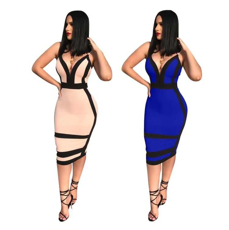 HOT sale sexy V-neck knee-length striped beige dress for women VYN8099