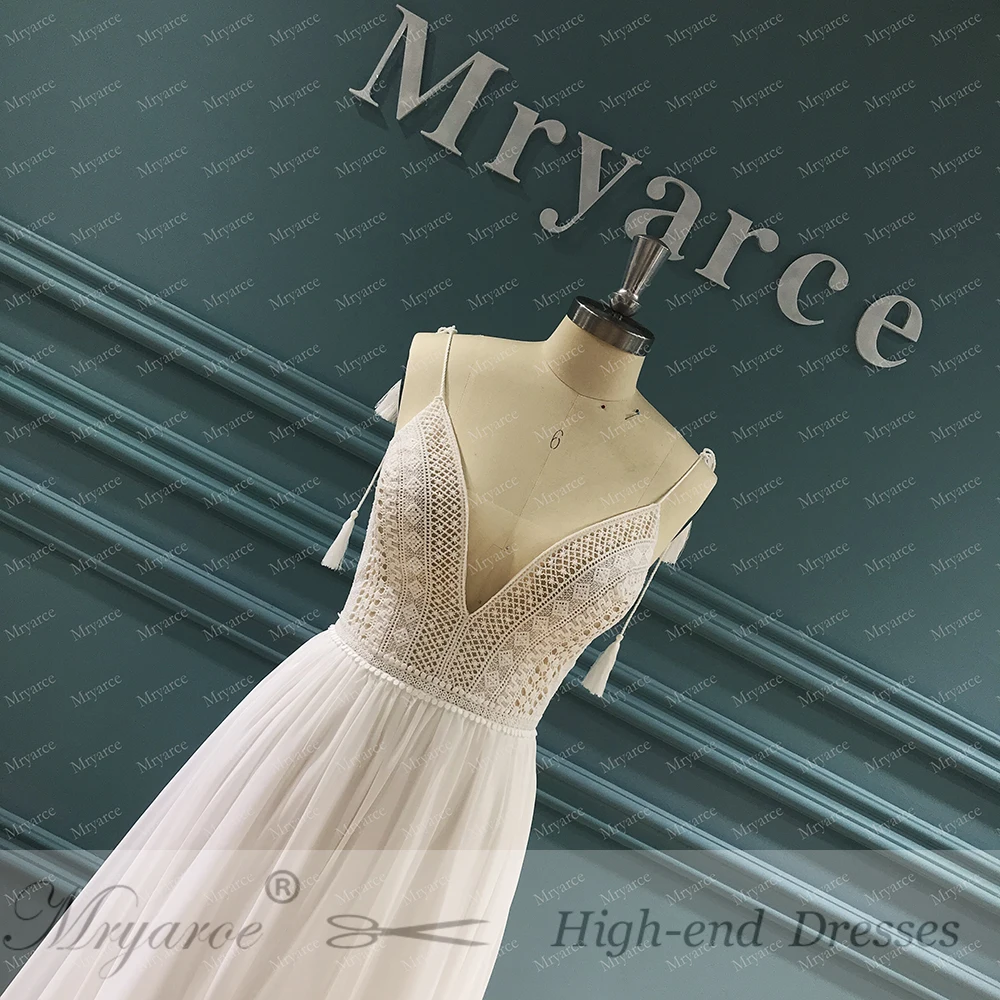 Mryarce 2020 New Boho Chic Lace Wedding Dress Open Back Flowy Chiffon Bridal Gowns  (7)