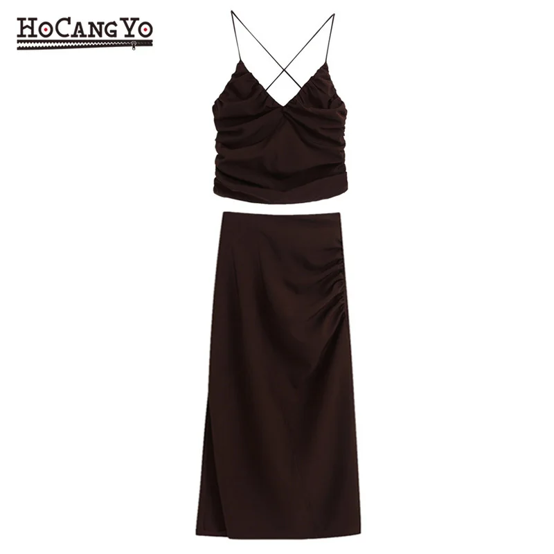 Summer 2 Piece Sets Women Outfits V-neck Straps Draped Sexy Tops Plus Midi Skirt Elegant Two Crop Top+skirt | Женская одежда
