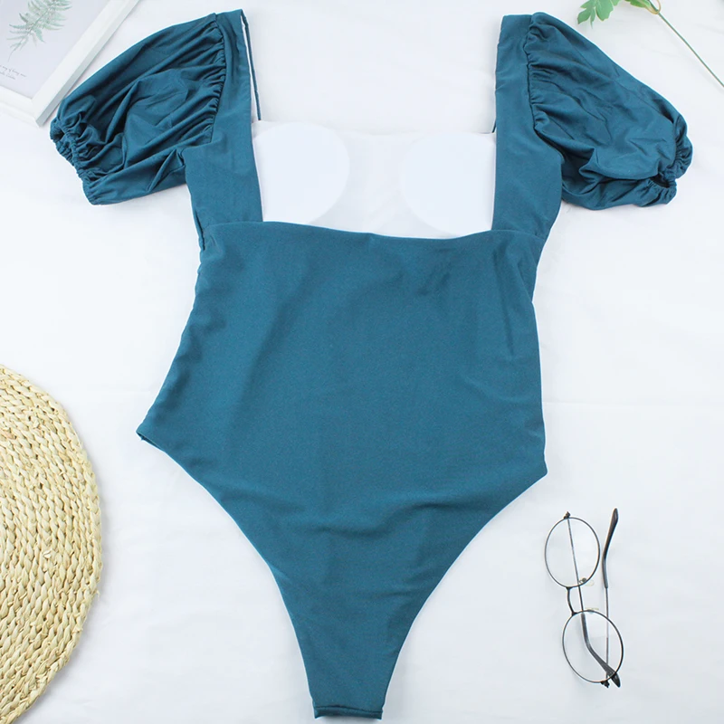 Sexy Bikini 2022 New 2 Piece Women Swimsuit Solid Color Short Puff Sleeve Summer High Waist Cut Backless Bathing Suit Beachwear plus size bikini sets