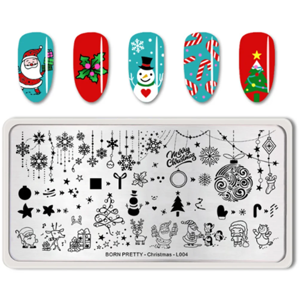 Рождественские пластины для штамповки ногтей Снеговик полярный медведь прямоугольный шаблон с Санта-Клаусом и оленем дизайн ногтей трафарет