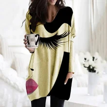 

Womens Elegant Loose Abstract Face Print Pullover Shirt Tops Female New Fashion V-Neck T Shirt Streetwear Long Sleeve Tee Shirts