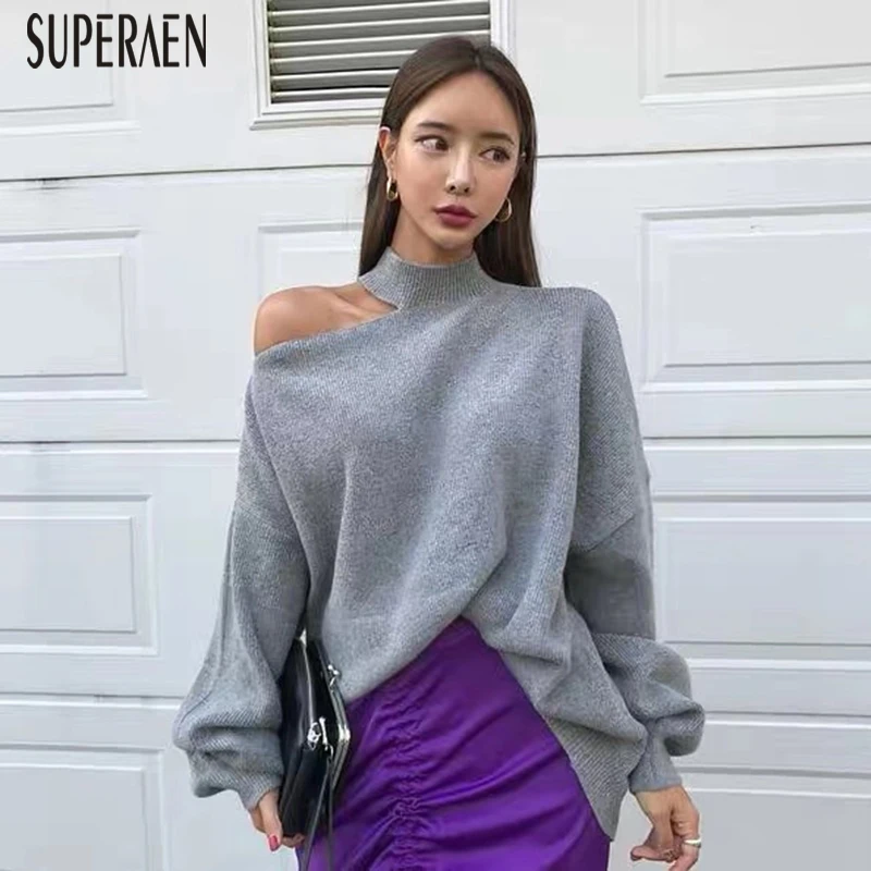 

SuperAen Korean Off Shoulder Pullovers Sweater Women 2019 Autumn and Winter New Irregular Ladies Sweater Solid Color Knit Tops