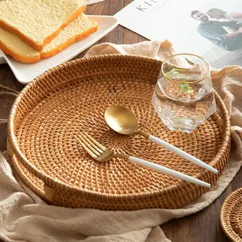 

Rattan Fruit Plate, Safe Non-Toxic Healthy Handwoven Round Tray For Breakfast Storage, Firm Strong Food Serving Platters
