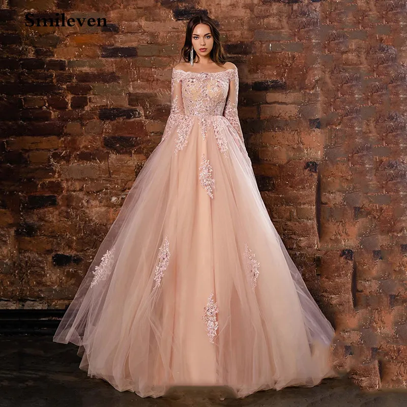 

Smileven Long Sleeve Beaded Prom Dresses Off The Shoulder Vintage Lace Evening Dress Vestido De Festa Evening Party Gown 2020
