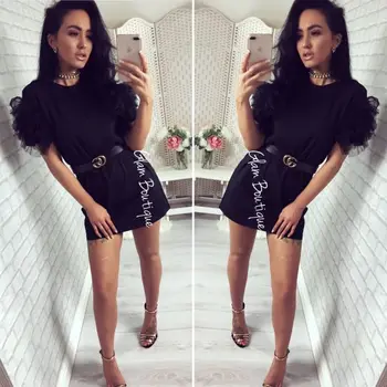 

2019 Women Summer Tulle Frill Mesh Sleeve Mini Dress Solid Tunic Dress Puff Sleeve O-Neck Plain Lady Dress Straight